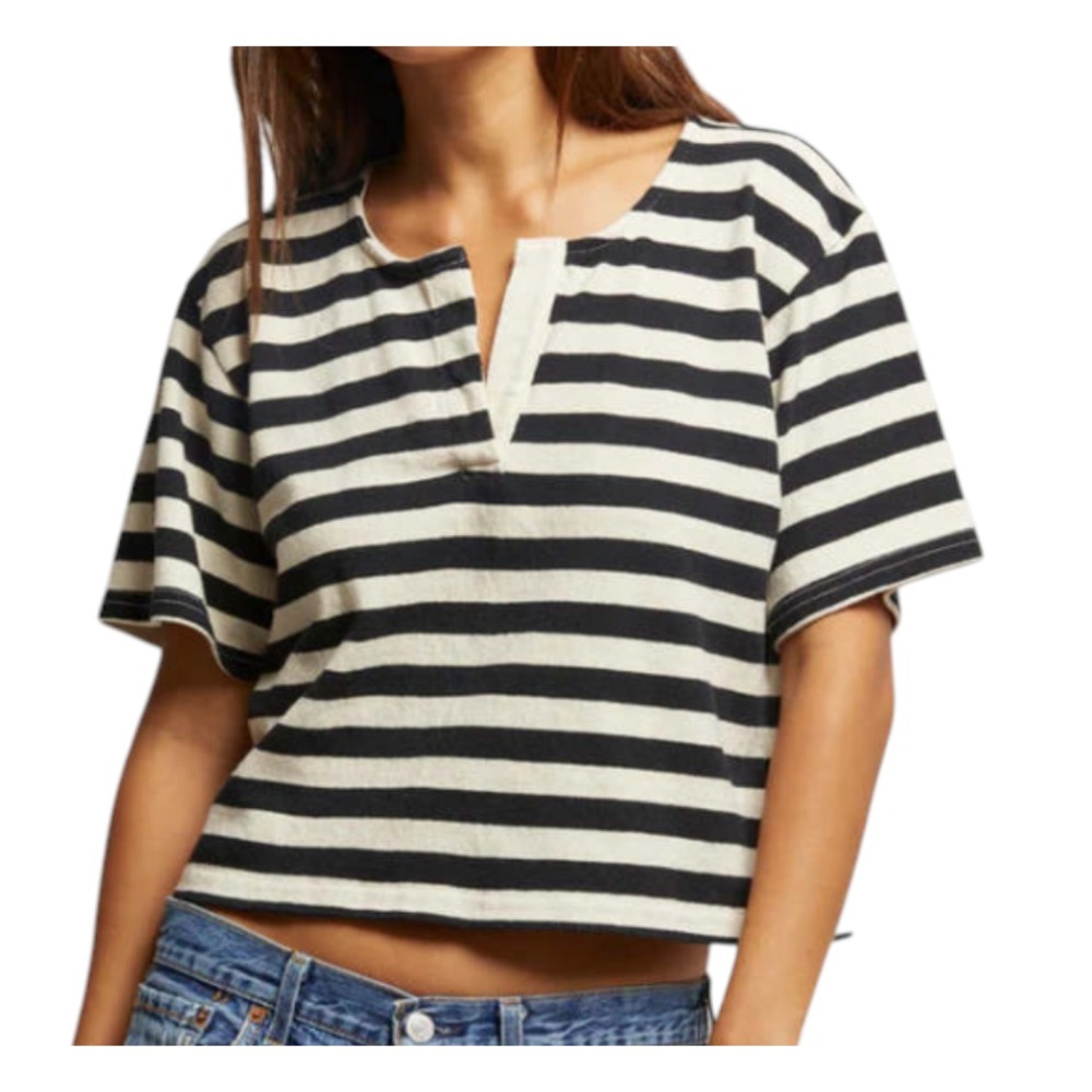 PERFECT WHITE TEE Black Striped Top SARAH NOTCHED NECK Cropped ‼️REPAIRED‼️ sz M